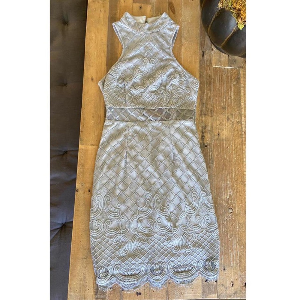 grey halter mini dress with lace up back